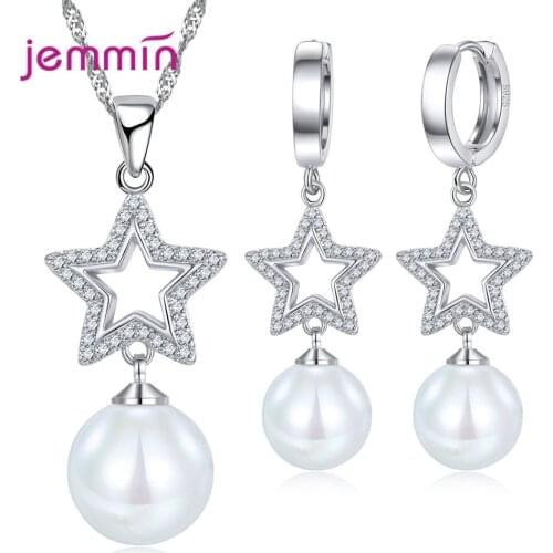 Women New Statement 925 Sterling Silver Shimmer Jewelry Sets Pearl Cubic Zircon Necklaces Five Pointed Star Pierced Earrings