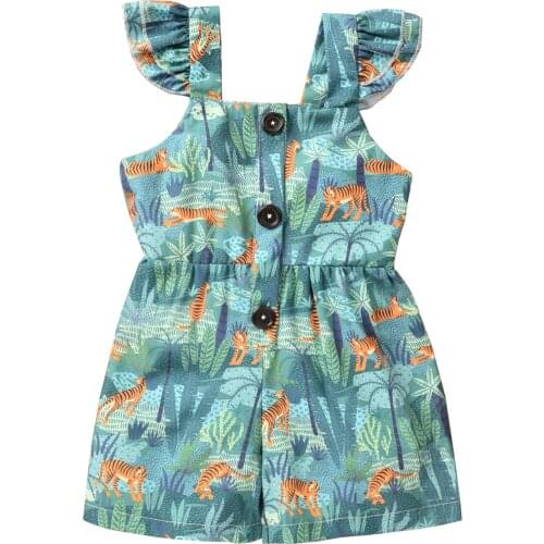 New Girl’s Casual Fly Sleeve Jumpsuit Cartoon Tiger Plant Printed Single-breasted Bodysuits Short Pants