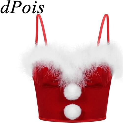Women Sexy Christmas Lingerie Spaghetti Strap Bustier Flannel Corset Underwired Bra Crop Top Faux Fur Trimming Fuzzy Ball Decor