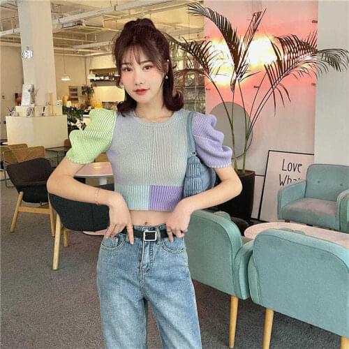Korobov Women Knitted Summer Thin Sweaters Korean Striped Hit Color Patchwork V Neck Crop Sweater Sweet Puff Sleeve Pullovers