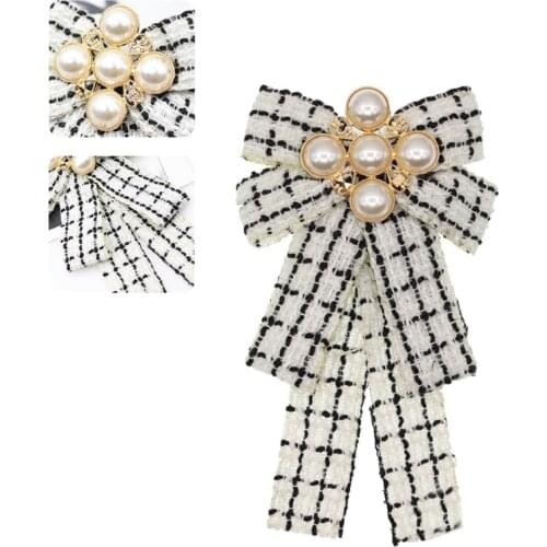 Women Vintage Elegant Plaid Striped Print Pre-Tied Neck Tie Brooch Imitation Pearl Jewelry Collar Ribbon Bow Tie Corsage