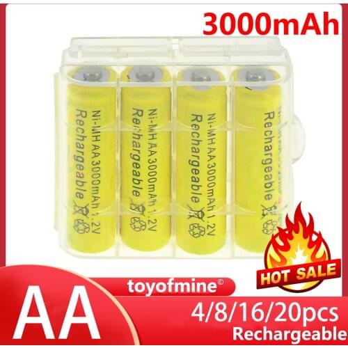 4/8/16/20pcs AA 3000mah NiMH 1.2v 2A Yellow Color Rechargeable Battery cells + Plastic Battery Storage Case Box Holder Toys