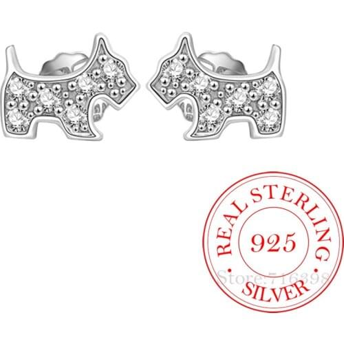 925 Sterling Silver Crystal Cute Animals Dog Stud Earrings For Women Engagement Wedding Birthday Gift Jewelry Brincos