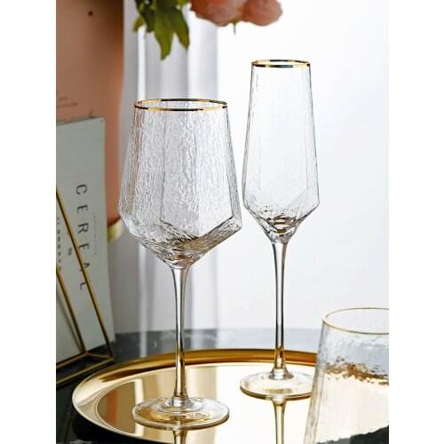 Gold Trim Diamond Red Wine glasses Cup Lead-Free Crystal Champagne Water Retro Goblet Drinking Wedding Home Bar Drinkware