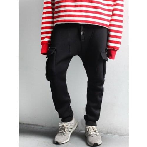 Men spring and autumn new urban youth fashion trend leisure slim pants with straps big pocket cargo pants