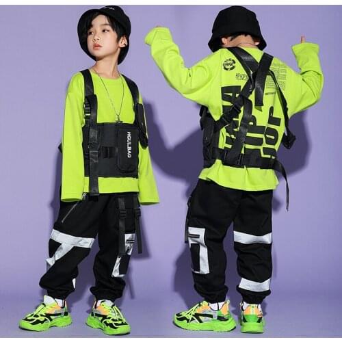 Children HipHop Suit Boys Neon Green Long Sleeve Sweatshirt Kids Jazz Dance Costumes Kids Street Dance Festival Clothing DWY4994