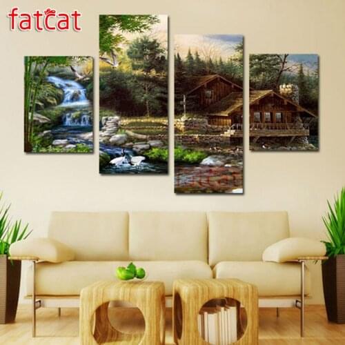FATCAT Wooden house scenery river 4 Piece Diy Diamond Painting Full Square Round Drill Diamond Embroidery sale decoration AE2585