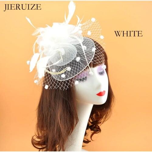 JIERUIZE Bridal Net Feather Hats White Red Black Birdcage Net Wedding Hats Bridal Fascinator Face Veils bride Hats