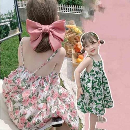European Girls Summer New Cute Sweet Floral Print Backless Holiday Beach Spaghetti Strap Basic Dress Children Kids Casual Gowns