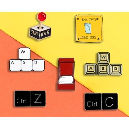 Keyboard Button Pins WASD ESC Ctrl C Enamel Pins Badges Brooches Lapel Pin Hat Bag Caps Game Jewelry Gift for Friend Wholesale