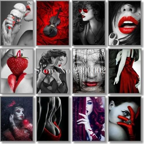 Beautiful Emotional Woman Diy Diamond Embroidery Cross-Stitch Mosaic Rhinestones Red & Black Diamond Painting Decoration Arts