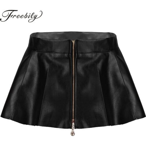 Womens Ladies Miniskirts PU Leather High Waist Front Zipper Pleated Mini Skirt Party Clubwear Sexy Pole Dancing Short-Skirt