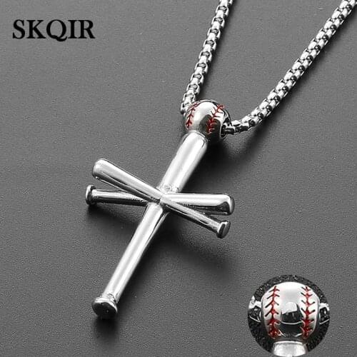 Fashion Silver Color Baseball Sport Necklace Stainless Steel Cross Pendant ChokerJewelry Charm Chain Women Men Necklace Gift