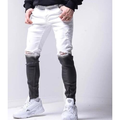 3D Gradient Ripped Jeans Men Hit Color Hole Pencil Pants street Hip-Hop Stitching Color Changing Jeans Locomotive Clothing Mens