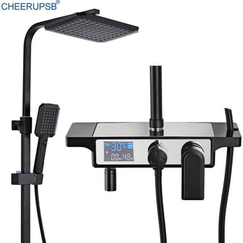 Set Ducha Bathroom Thermostatic Black Shower Sytem Rainfall Wall Mount Full Mixer Bath Tap Sets Led Light LCD Display Shower Kit