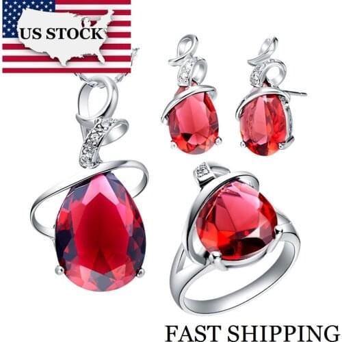 USA STOCK Uloveido Silver Color Red Purple Rhinestone Wedding Necklace Crystal Earrings Ring Womens Fashion Jewelry Set T058