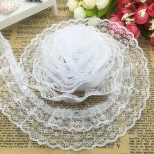 New 5 yards 3-Layer 45mm Beautiful Organza Lace Gathered Pleated Sequined Trim