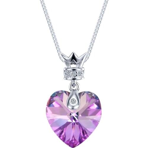 COCOM 925 Sterling Silver Crown Pendant Necklace Purple Heart Shaped Austrian Crystal Fine Jewelry Valentines Day Gift for Girl
