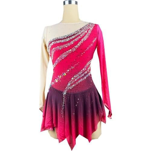 Gules Figure Skating Dress Sleeved Ice Skating Skirt Spandex
