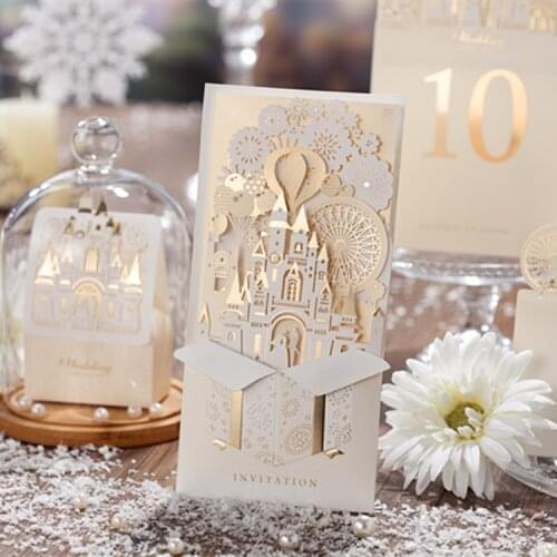 Wishmade Champagne Gold 3D Wedding Invitations Laser Cut Invitation Cards with Bride and Groom in Castle For Party, Customizable