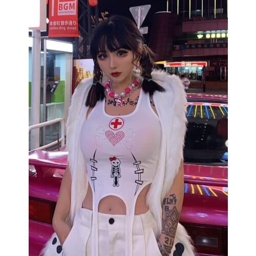 New Gothic Punk Print Backless Casual Hot Girl Top Streetwear Summer Sexy Sleeveless Women White Slim Sling Vest