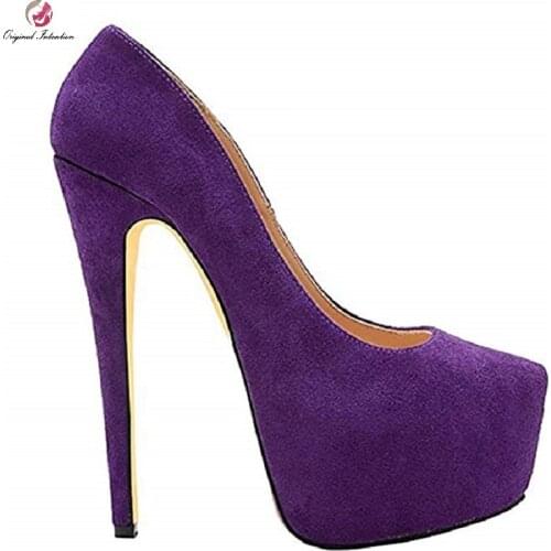Womens Shoes Round Toe High Heels Fashion Purple Flock Platform Thin Heels Pumps High Heels Party Wedding Shoes Plus Size 35-45
