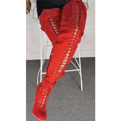 Womens Lace-Up Knee High Boots Big Size Lady Fashion Classic Long Boots Side Zip Sexy Gladiator High Heel Winter Boot