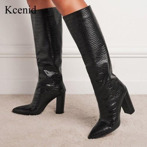 Kcenid 2022 PU Leather Women Knee High Boots Square High Heels Ladies Long Boots Slip On Female Shoes Winter Boots Black