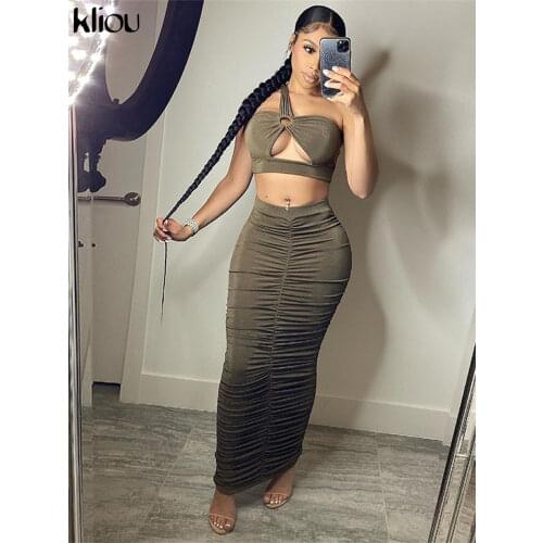 Kliou Buckle Hollow Out Sheath Solid Two Pieces Set For Women Sleeveless Off Shoulder Elastic Bandage Female Paertywear Clothes