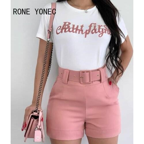 Women Letter Print Top & Pocket Design Shorts Set Summer Vacation Suit