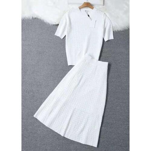 High Quality Sweater Sets 2021 Autumn Skirt Suit Ladies Twist Knitted Pullovers+Mid-Calf A-Line White Black Skirt Sets Casual