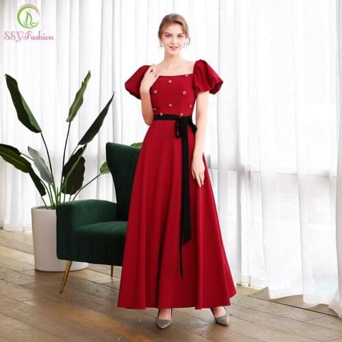 SSYFashion New Red Evening Dress Banquet Elegant Bride Married Simple Puff Sleeve Long Prom Formal Gown Vestidos De Noche Custom