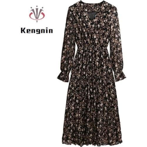 Loose Oversize 4XL Female Robe 2021 Autumn Long Sleeve Women Dresses V-Neck Print Floral Office Lady Work Vestidos Dress KE1832