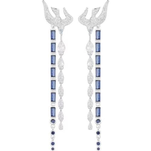 Hot Blue Square Zircon Swallow Tassel Dangle Earring Women Wedding Paved AAA Zircon Flower S925 Women Wedding Party Jewelry