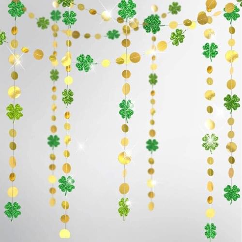 Gold Circle Dots Glitter Irish Shamrock Clover Garlands for Lucky St Patricks Day Decorations Green Flower Party Hanging Decor