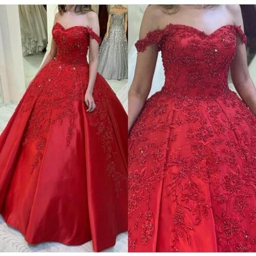 2020 Beading Red Lace Applique Quinceanera Dresses Off Shoulder Sweetheart Neck Ball Gown Satin Prom Dress Quinceanera Gowns