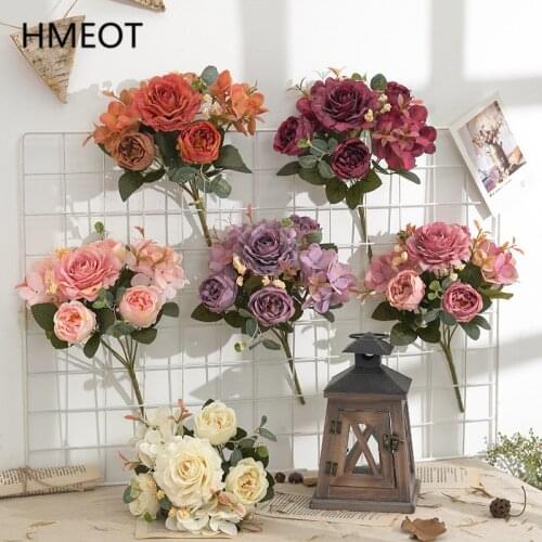 6 heads Artificial Flowers Hydrangea Retro Color Peony Bouquet Fake Peony Flower for Christmas Home Wedding Decoration 1 Bunch
