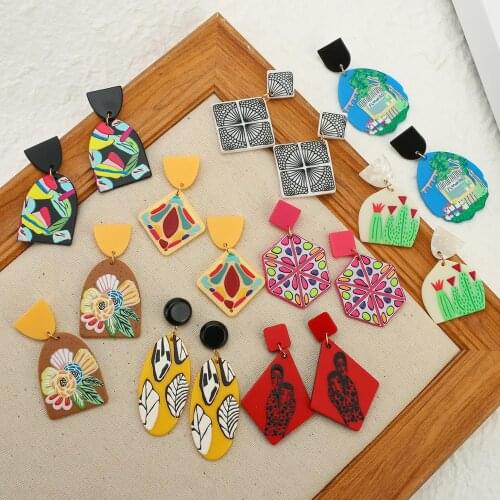 AMORCOME Fashion Elegant Colorful Acrylic Earrings Chic Cute Flower Cactus Plant Pattern Geometric Drop Earrings Female Jewelry