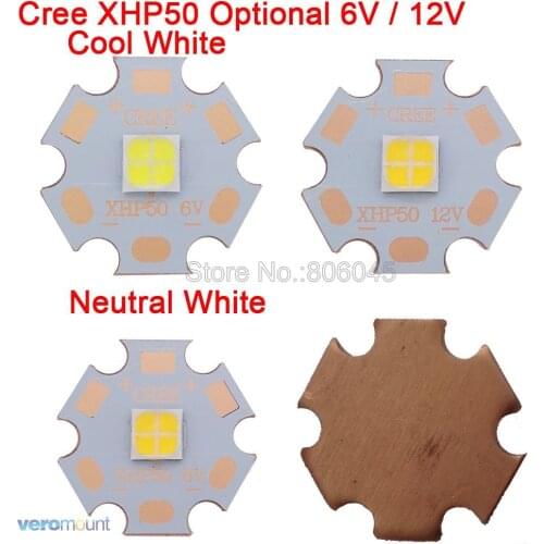 Cree XHP50 6V or 12V 6500K Cool White, 5000K Neutral White, 3000K Warm White High Power LED Emitter on 16mm 20mm Copper PCB Base