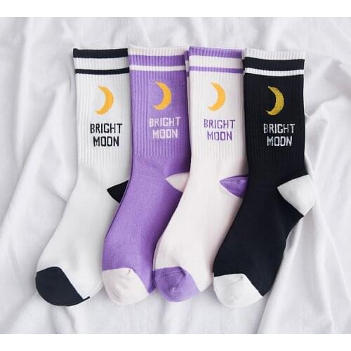 Long Women Socks Cotton Funny Moon Autumn Bright Fashion Print Sport Casual Letters Double Colorful College Striped Crew