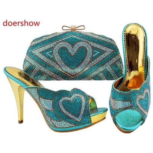 Doershow African Shoe and Bag Set for Party In Women Italian Matching Shoe and Bag Set African sky blue Shoe and Bag Sets!HH1-6