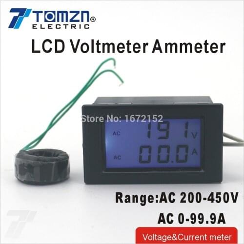 Dual LCD display Voltage and current meter blue backlight panel voltmeter ammeter range AC 200-450V 0-99.9A Black