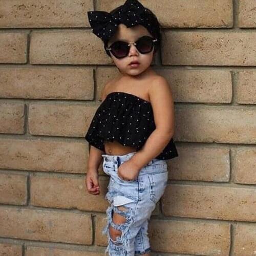 Girls Suits Toddler Summer Dot off shoulder T-shirts Tops Hole Denim Pants Sets Childrens Hairband 3 Pieces Jeans