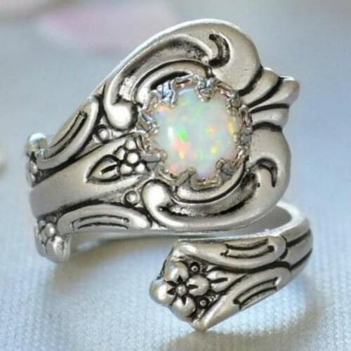 Exquisite 925 Sterling Silver Handmade spoon cut jewelry elegant Round Cut White Opal Ring girlfriend Christmas anniversary