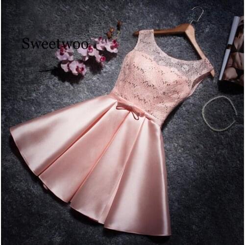 New Short party Dress Satin Lace Wine Red Grey A-line Party Formal Dress Robe De Soiree