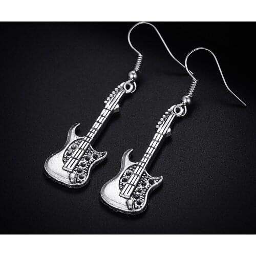 Trendy Vintage Guitar Shape Dangle Antique Silver Plated Earrings for Women Girl Retro Drop Earrings Cute Earring Jewelry