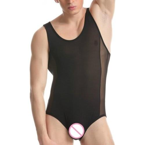 Men Ice Silk Sexy Bodysuit Sleeveless Leotard See Through Sheer Mesh One Piece Bodysuit Sport Undershirt Exotic Shape Lingerie