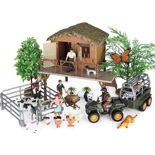 Kids Farm Toys Thatched Cottage Model Farm Animal Little People Action Figures Toys Set Learning Toys for Children