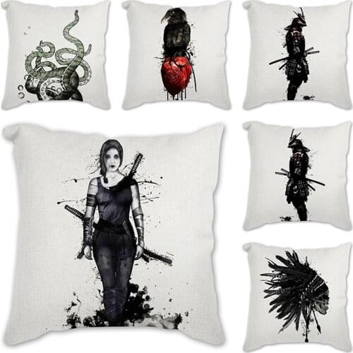 Samurai crow tree skeleton owl Polyester Printing Cushion Cover Sofa Japanese style ink Throw Decorative Pillow Case Home Decor