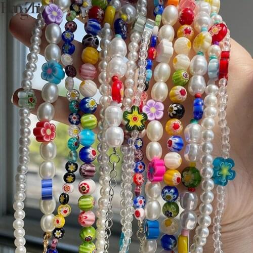 HangZhi 2021 New Enamel Colorful Flower Daisy Pearl Clear Crystal Beaded Necklace Choker for Women Girls Summer Party Jewelry